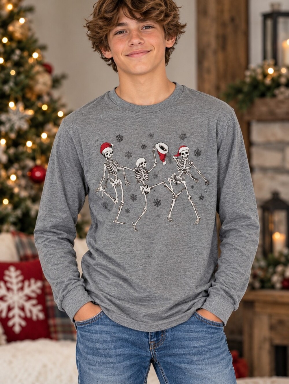Holiday Time Christmas Skeletons Graphic Long Sleeve T-Shirt Boys XL (14-16) EUC